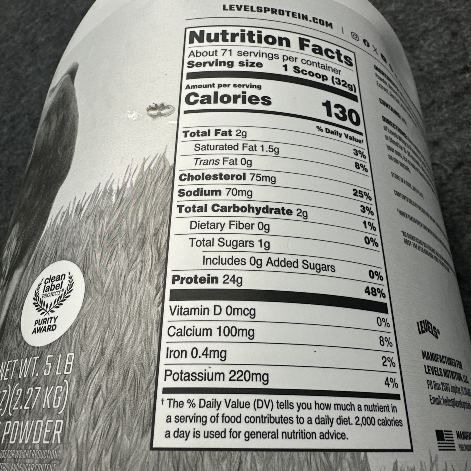 Levels Whey Grassfed Protein Powder, Cappuccino, 5 lb, 24g Protein 10/27 Dented
