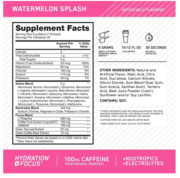 Optimum Nutrition Amino Energy Hydration Focus Watermelon 30 Servings