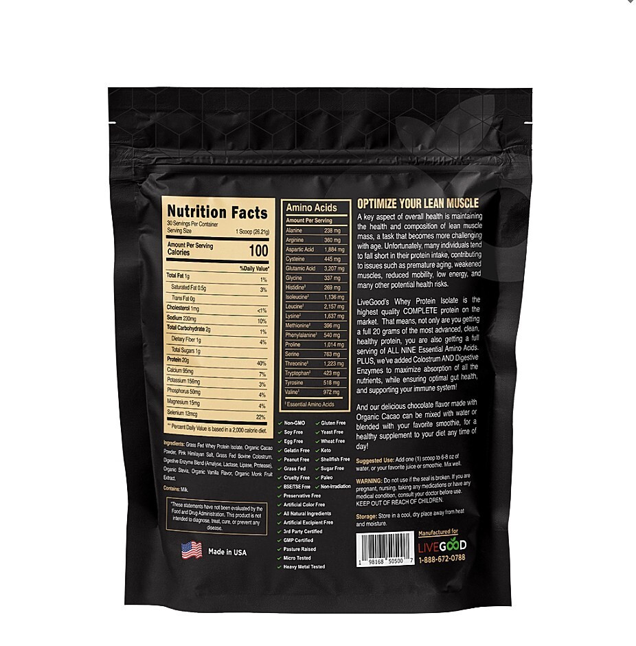Whey Protein Isolate with Colostrum Grass Fed Chocolate Flavor NET WT. 1.73LBS