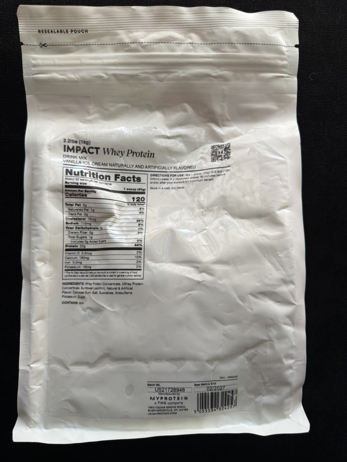 Myprotein Impact Whey Protein, 2.2 Lbs (40 Servings) Vanilla Ice Cream Flavor