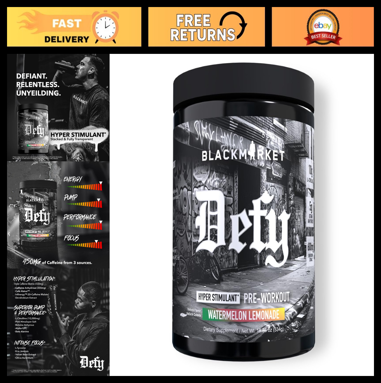 High-Stimulant Pre-Workout Powder – 450mg Caffeine, L-Citrulline, Watermelon Lem