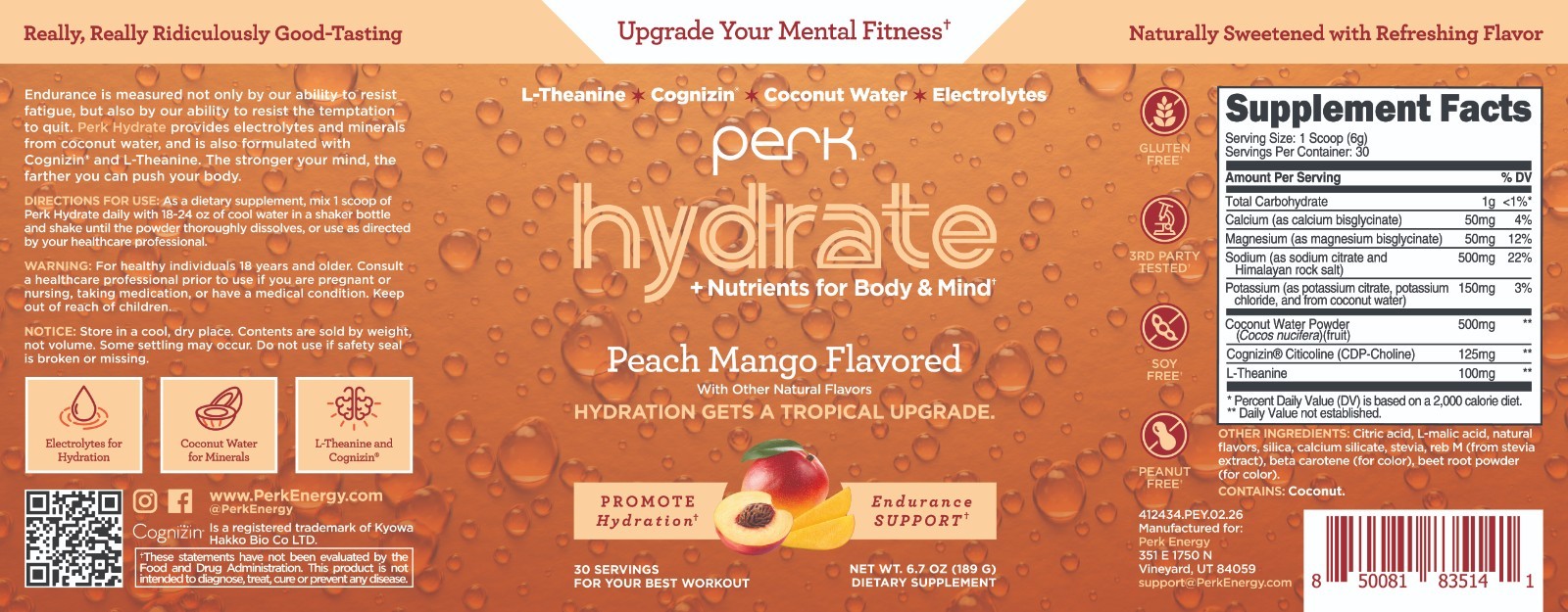 Perk Hydrate Electrolyte Drink Mix Powder Peach Mango Flavored (30 Servings)