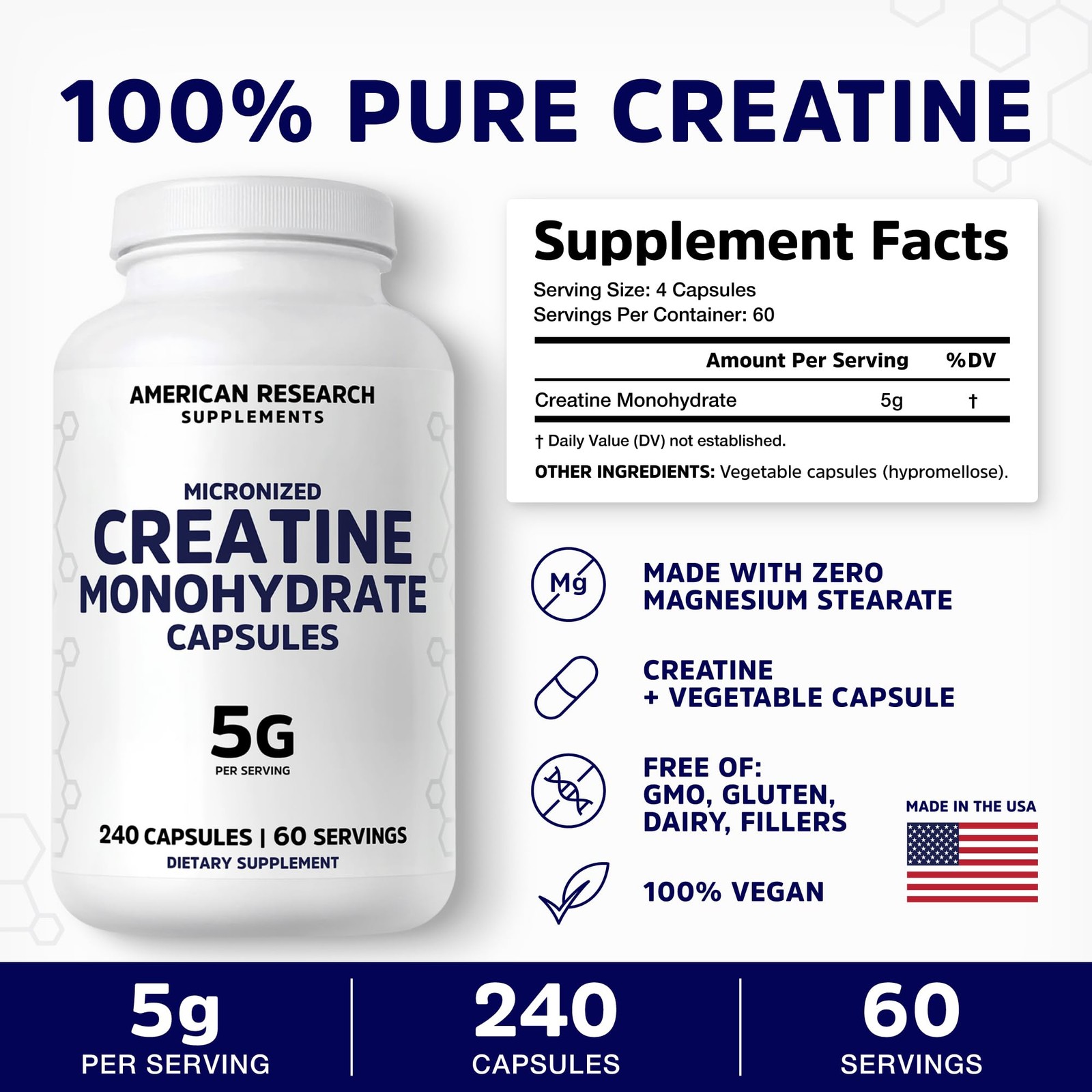 American Research Supplements Creatine Monohydrate 240 Count (Pack of 1)