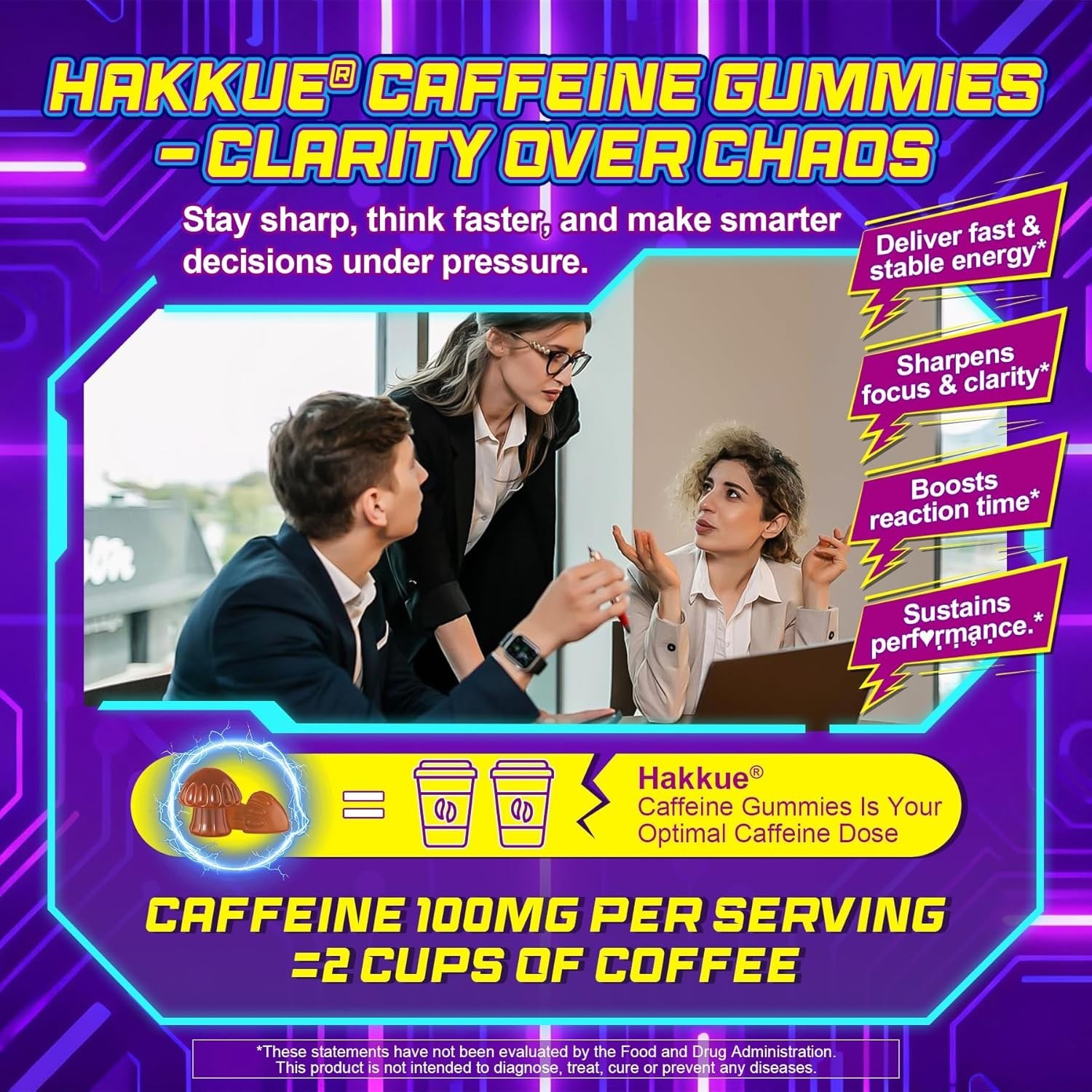 Energy & Focus Gummies with 100mg Caffeine Anhydrous for Gamers, Workers, etc