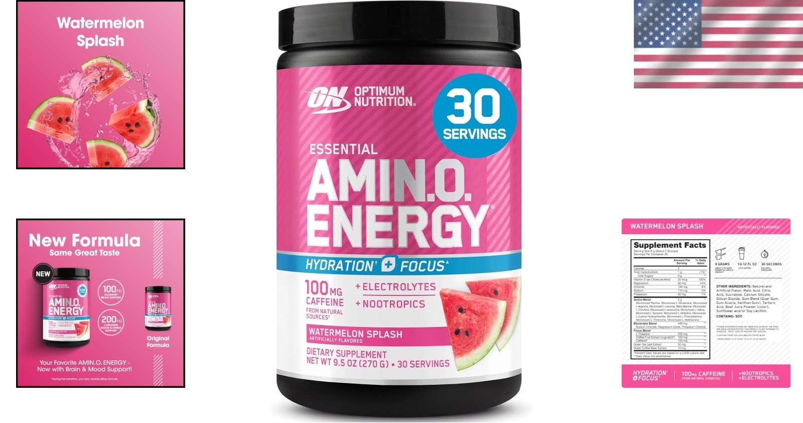Sugar-Free Amino Energy Drink Mix with Caffeine, 30 Servings – Watermelon Flavor