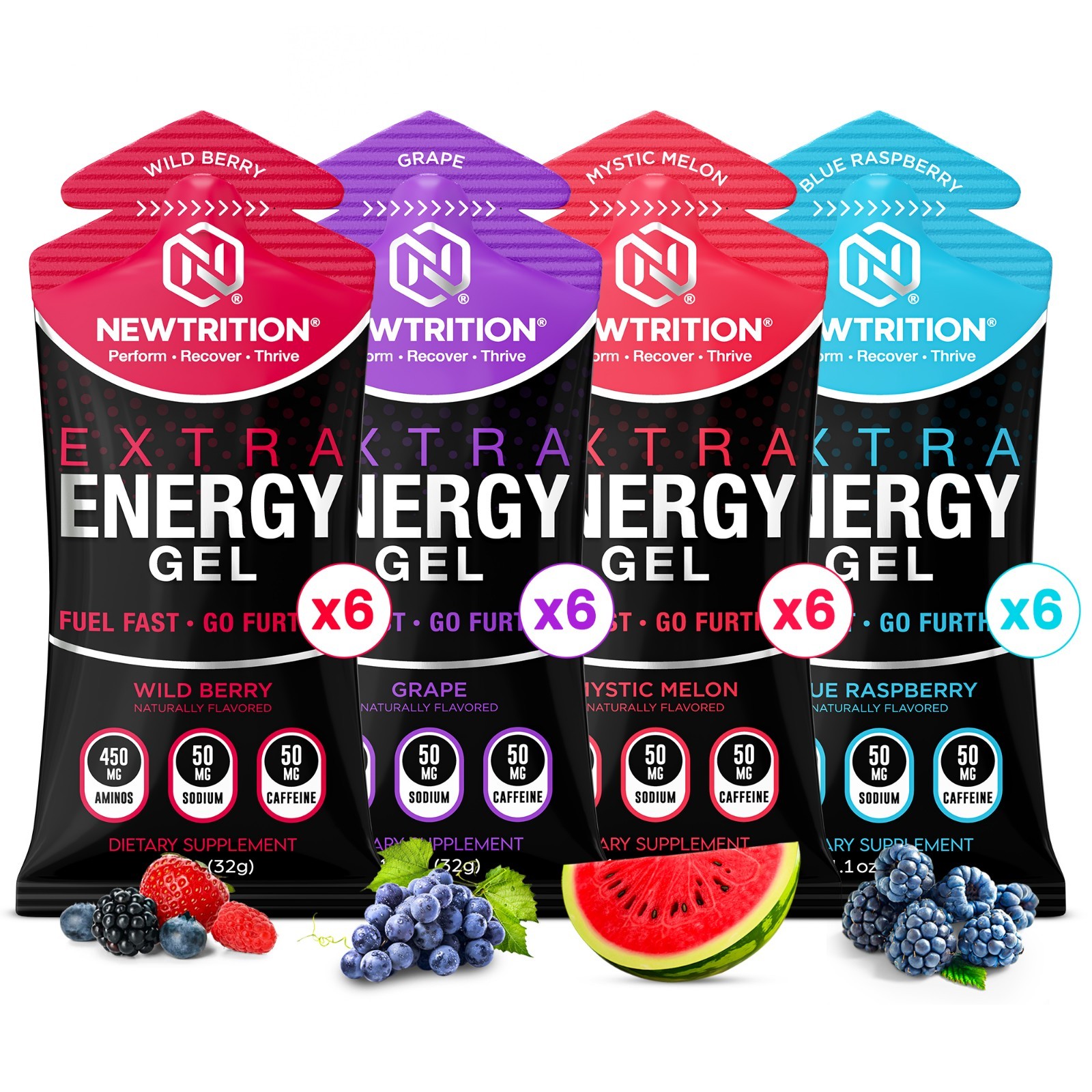 NewTrition Extra Energy Gel Variety Pack 24ct 50mg Caffeine Running Cycling Fuel