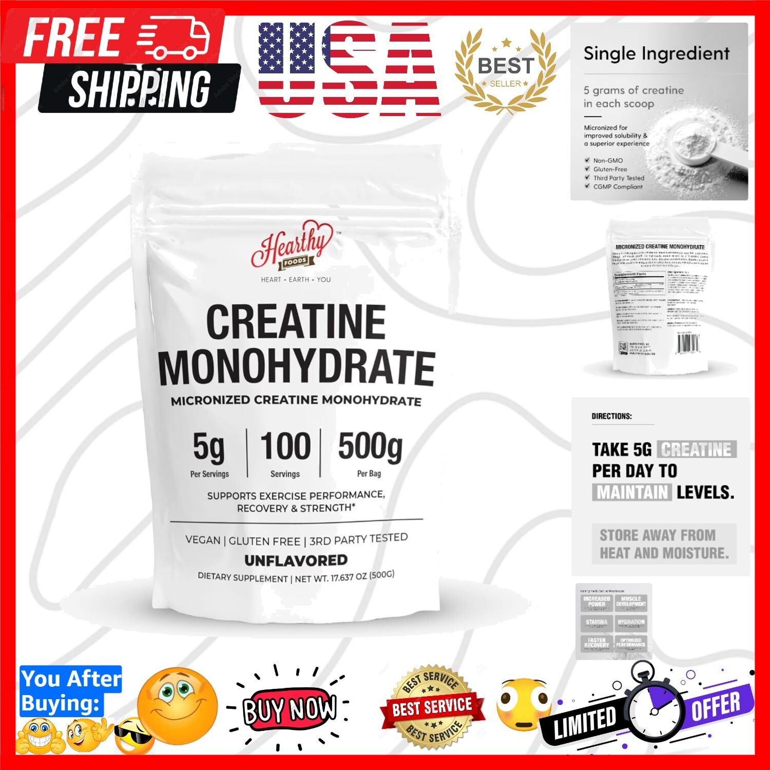 100 Serving Pure Creatine Monohydrate Powder – Unflavored, Gluten-Free & Non-GMO