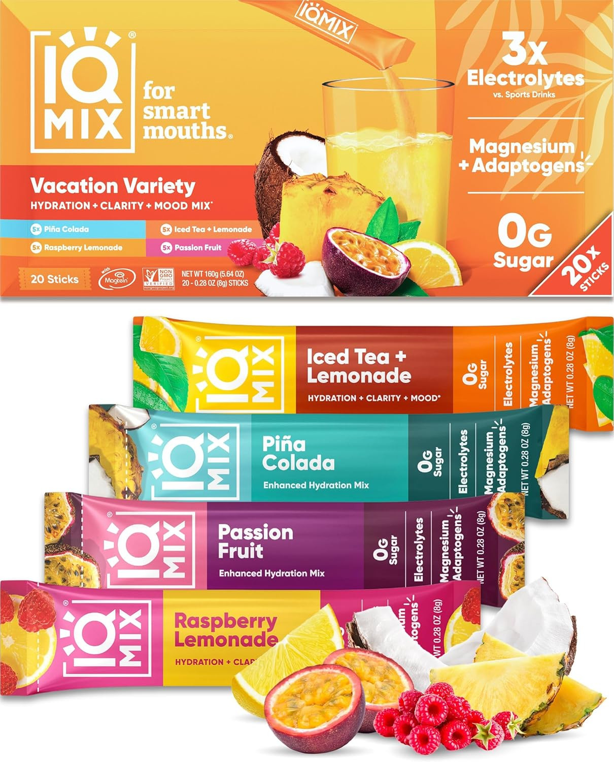 IQMIX Vacation Variety Electrolyte Powder, Sugar Free Keto Mix, 20ct