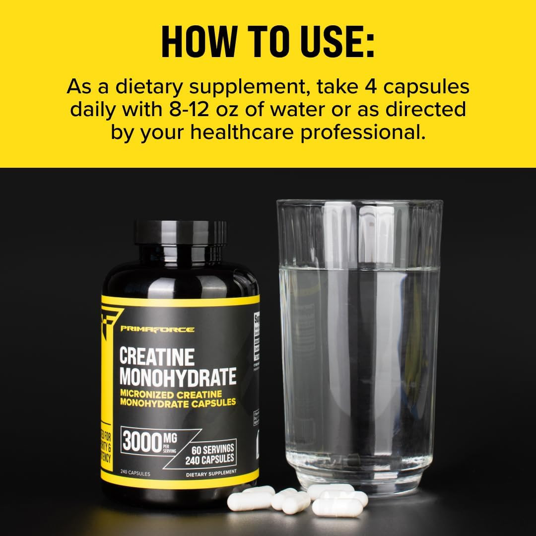 Creatine Monohydrate Capsules – 240 Capsules, 3,000Mg per Serving, Gluten Free a