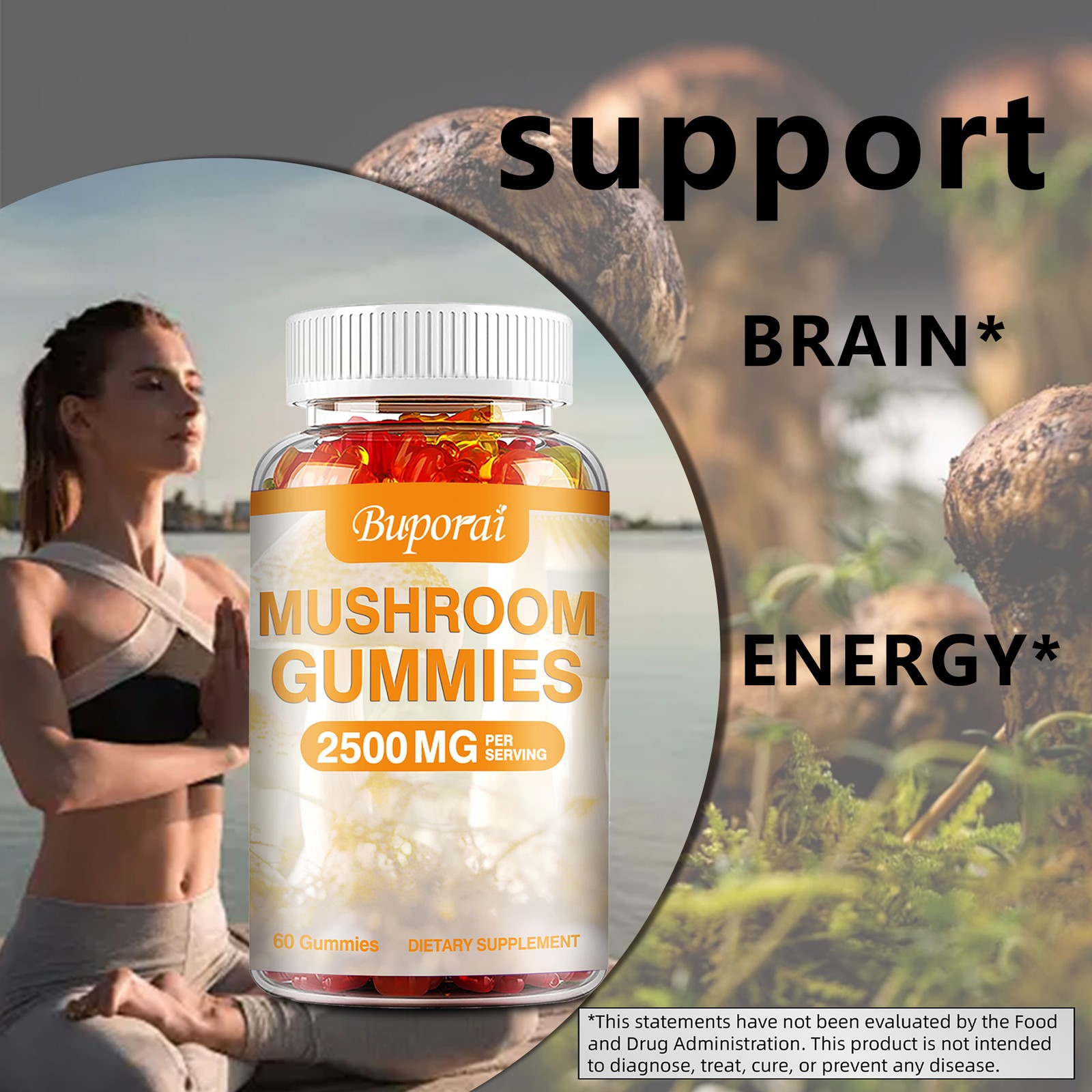 BUPORAI Mushroom Gummies Reishi Cordyceps Maitake Energy 60pcs