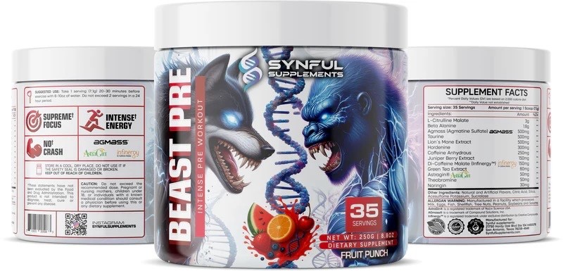 BEAST PRE – ENERGY & FOCUS High Stim Pre-Workot Synful Supplements Watermelon