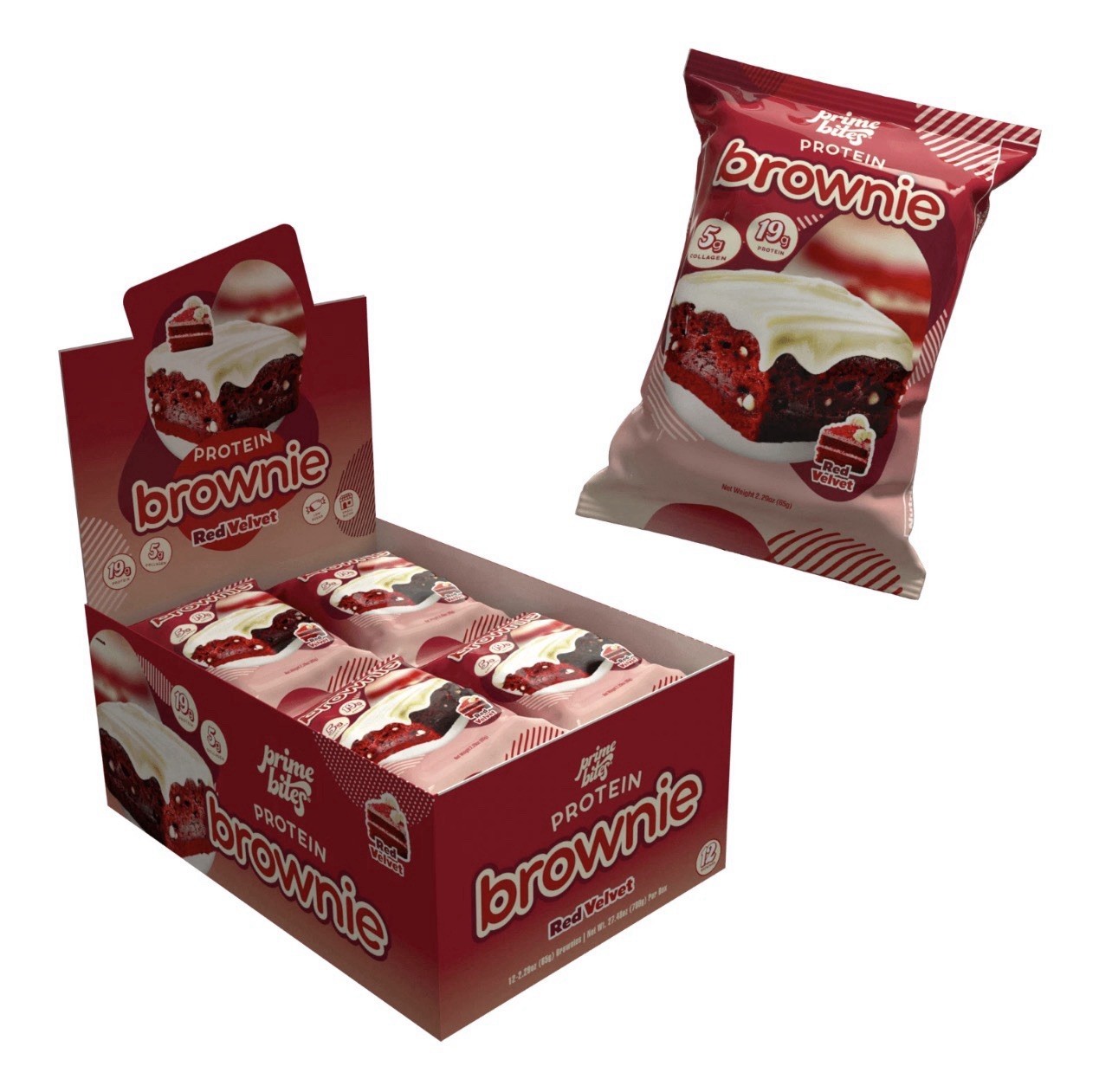 Prime Bites Protein Brownie Red Velvet Bar 19g Protein 5g Collagen 12Count