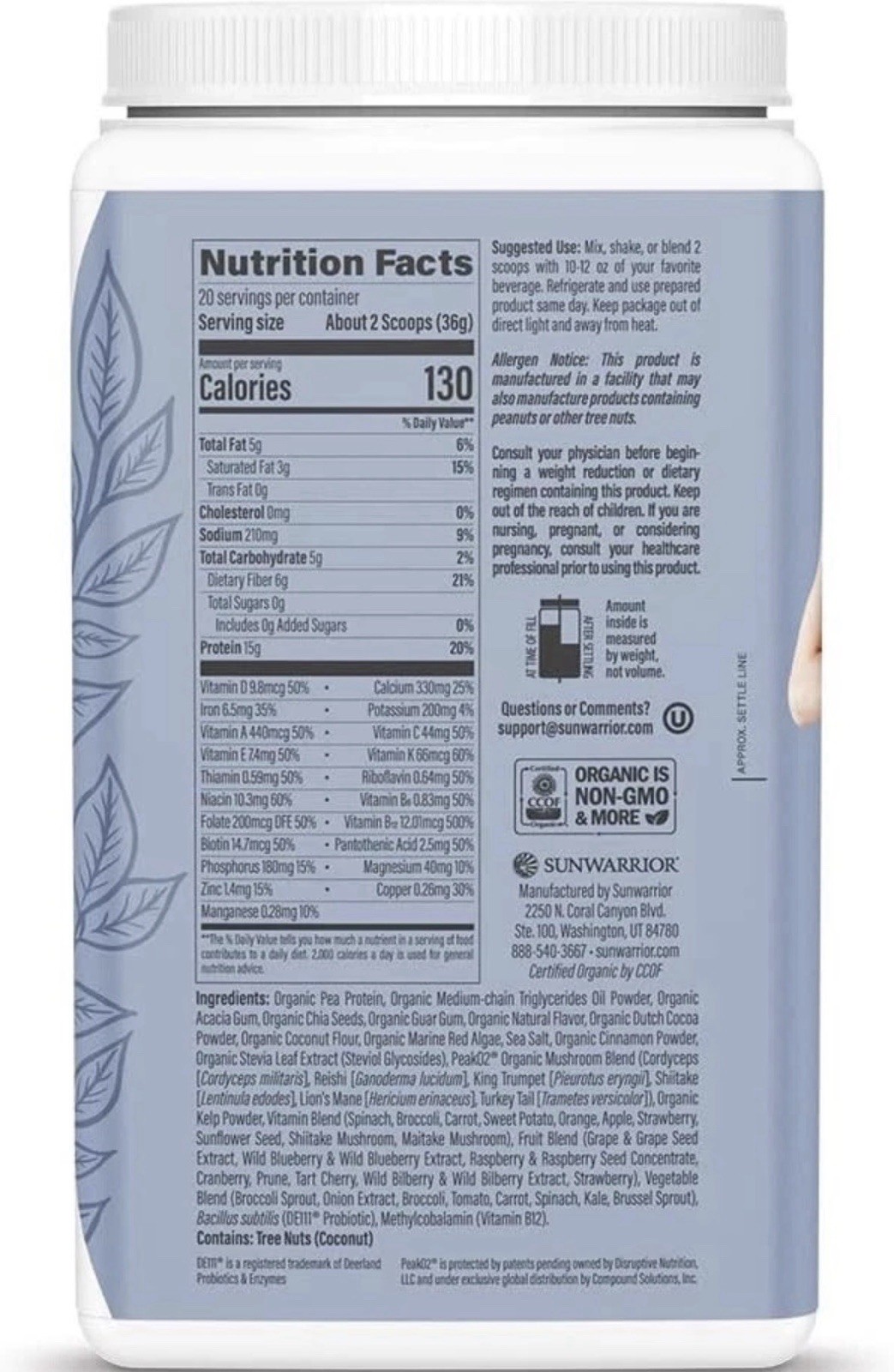 Sunwarrior Vegan Protein Superfood Shake Meal Replacement Organic, 1.59 lb