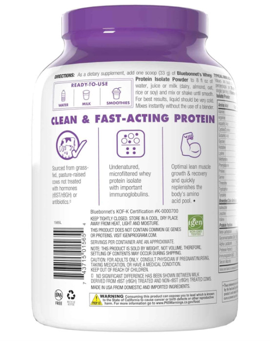 BlueBonnet Grass-Fed Whey Protein Isolate, French Vanilla, 2 lb, 28 Servings