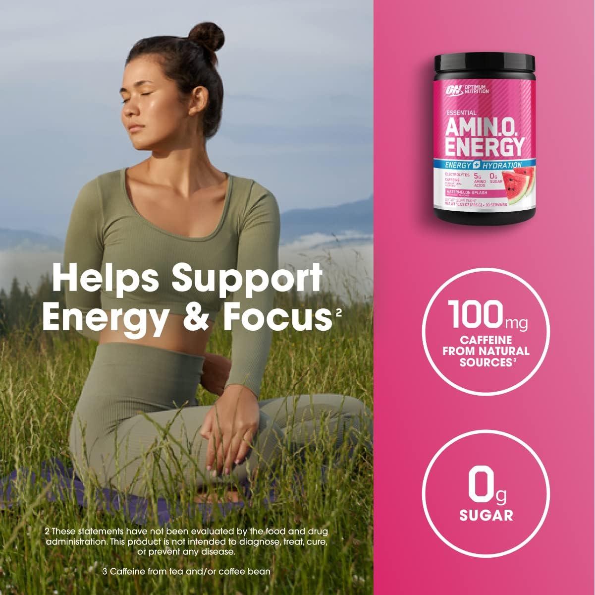 Optimum Nutrition Amino Energy Powder Plus Hydration, Watermelon Splash, 30