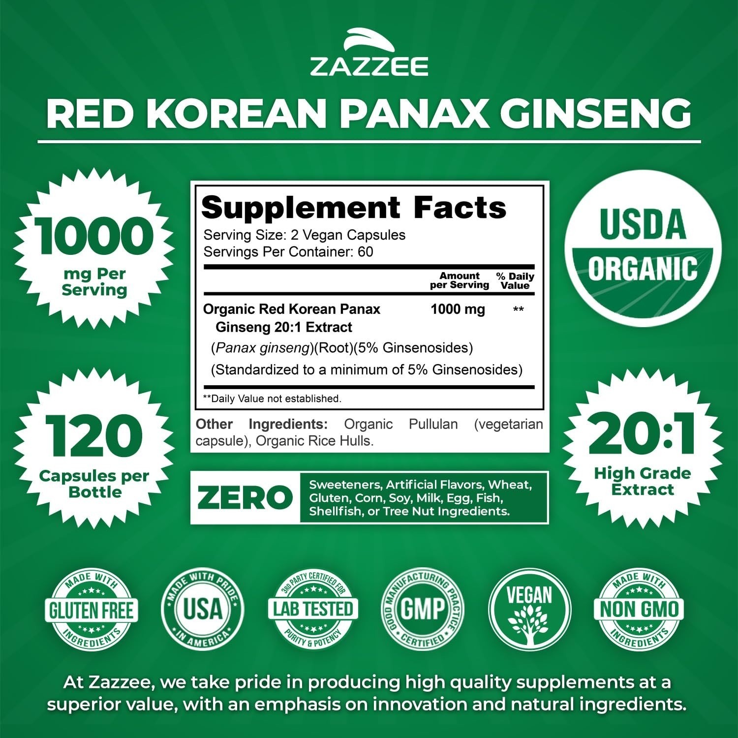 Zazzee Organic Red Korean Panax Ginseng 20:1 Extract 120 Capsules