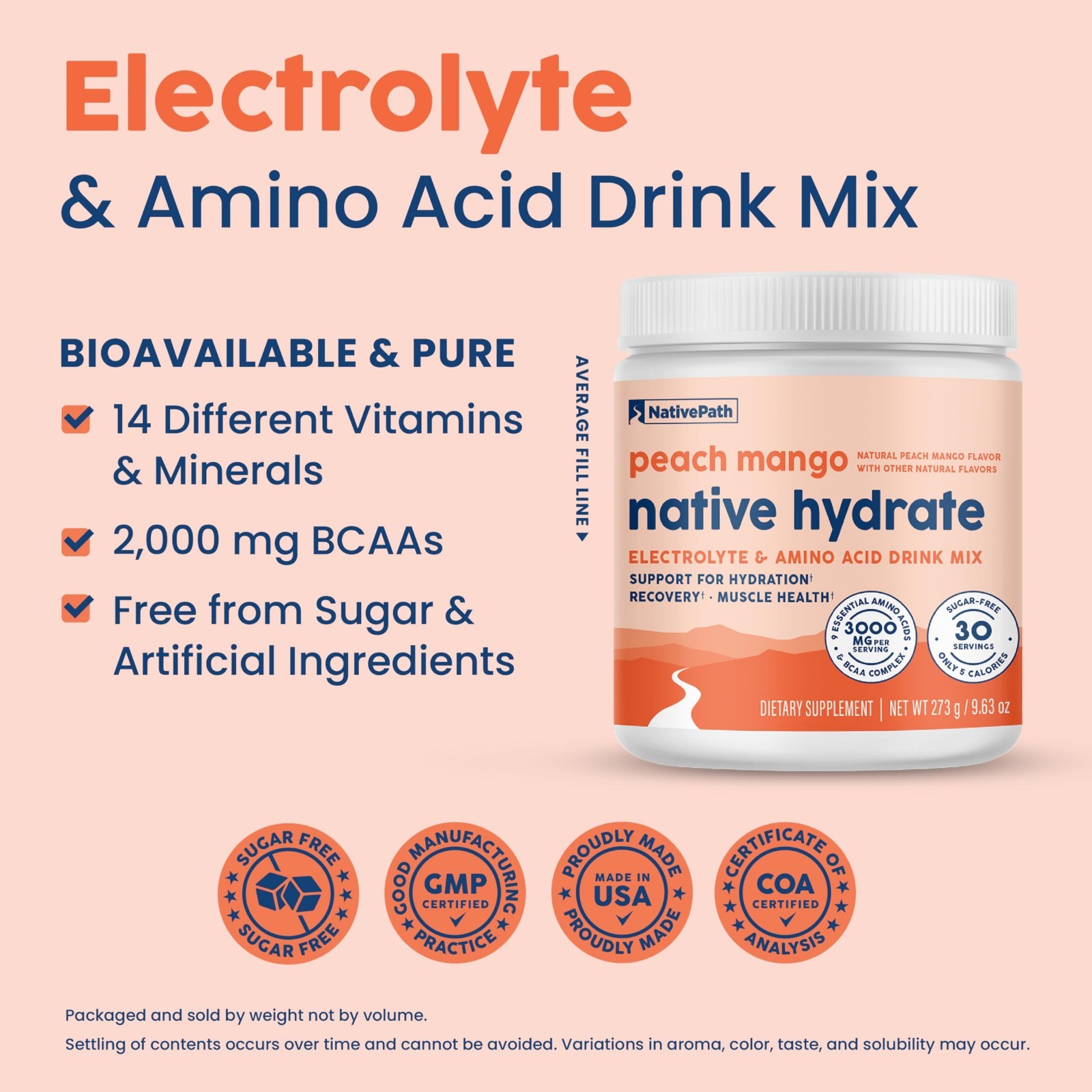 Electrolyte Powder with BCAAs, Zero Sugar, Peach Mango Flavor, Keto & Paleo, 30