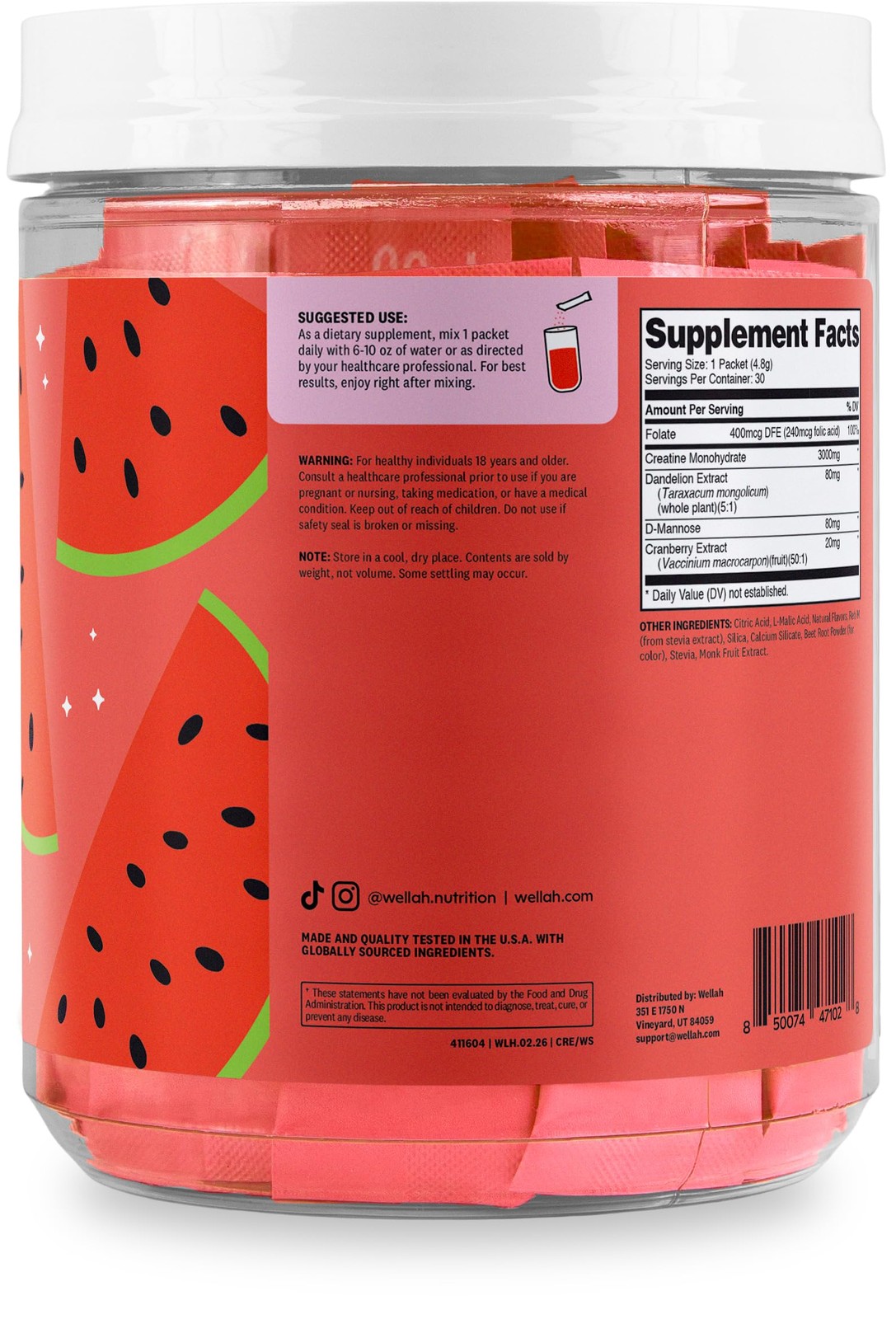 Wellah Creatine for Women (Watermelon Slush) 30 Stick 5.6 Ounce (Pack of 1)
