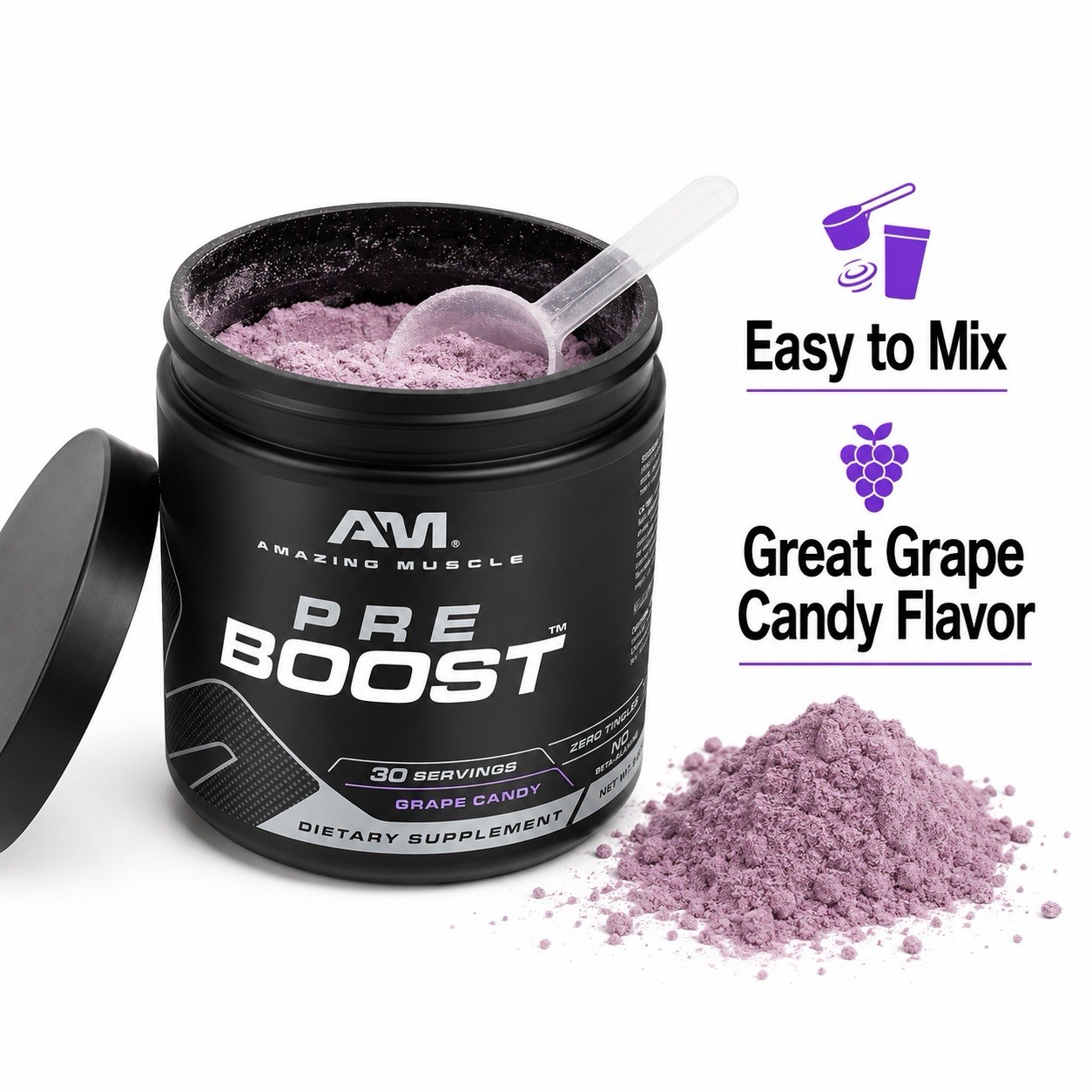 Amazing Muscle Pre Boost Pre Workout Grape Candy 30 Servings Energy Powder