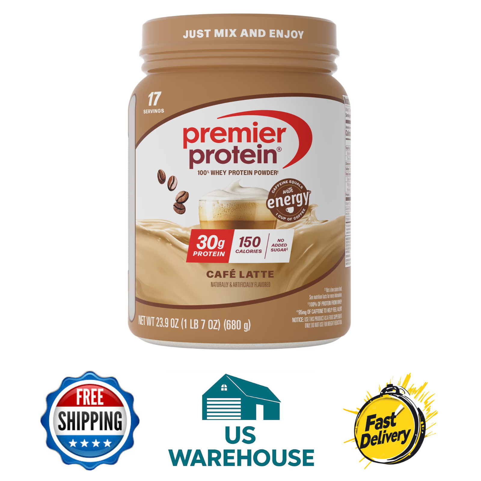 Premier Protein 100% Whey Protein Powder, Café Latte, 30g Protein, 23.9 oz