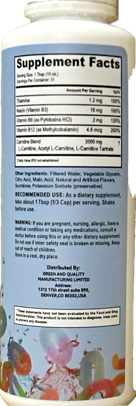 Carnitine Liquid 3000 Sour Gummy Worm Flavor TWO PACK BUNDLE 62 Servings