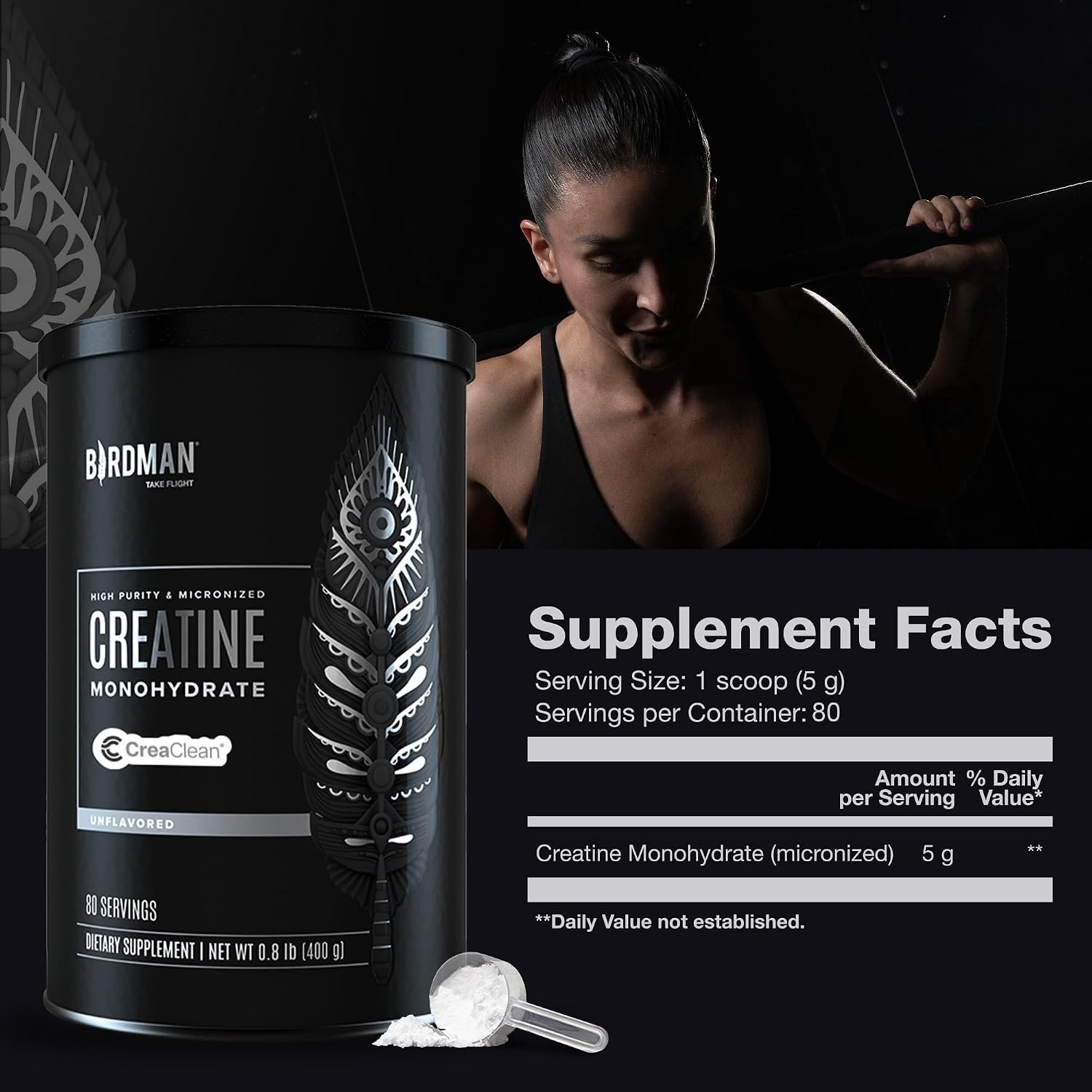 BIRDMAN Micronized Creatine Monohydrate Powder, Organic, Muscle Recovery, Caffei