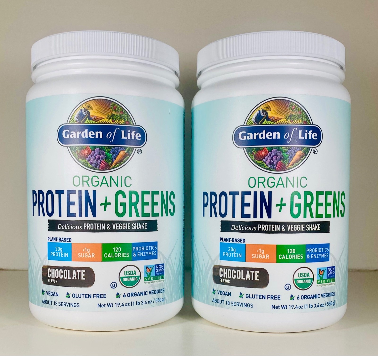 2 Jugs Garden of Life Organic 20g Protein + Greens, CHOCOLATE, 19.4 oz, Vegan+GF