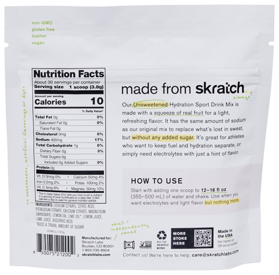 Skratch Labs Unsweetened Hydration Sport Drink Mix – Lemon Lime, 30-Serv
