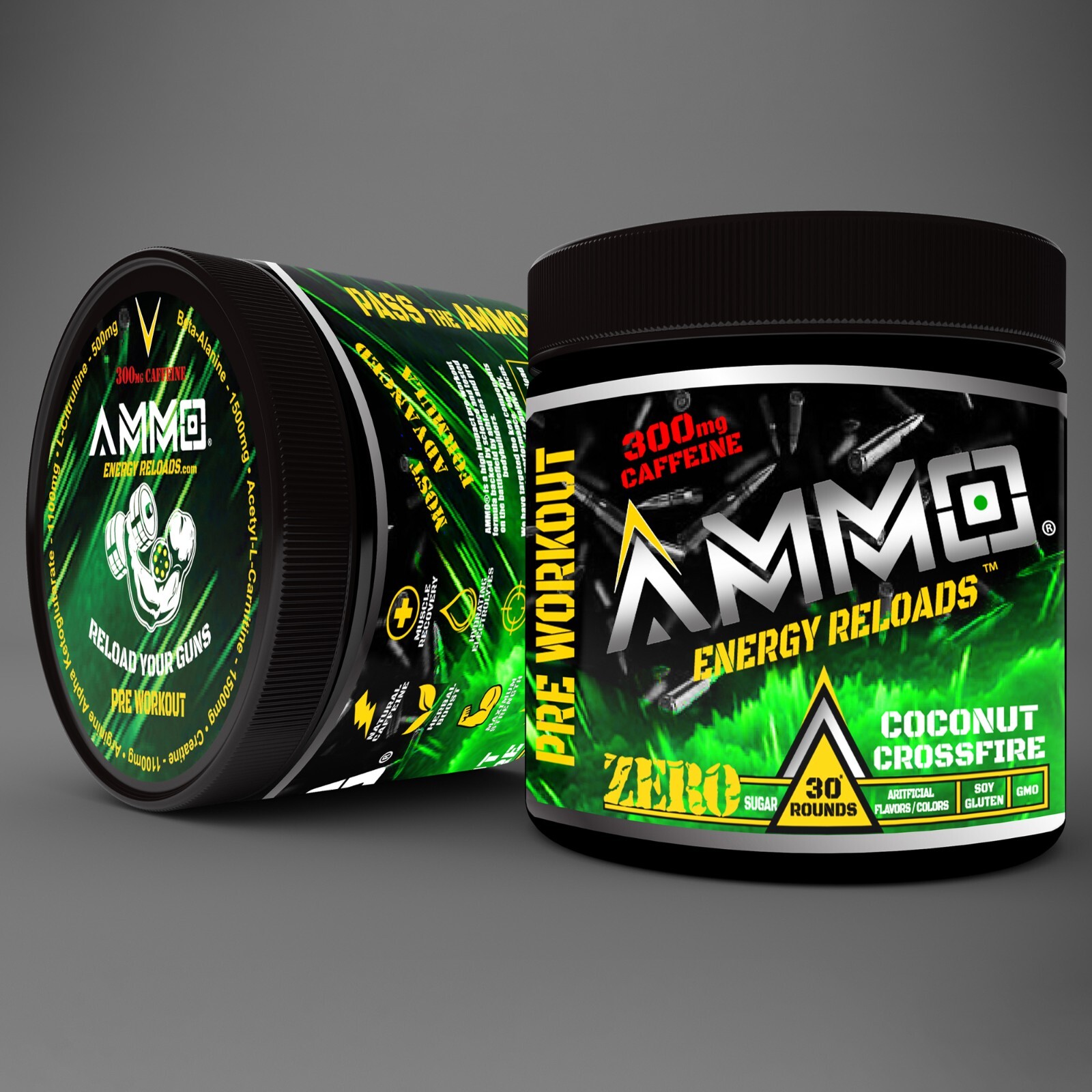 AMMO® Energy Reloads Pre Workout powder Coconut 300mg Caffeine Zero Sugar 30serv