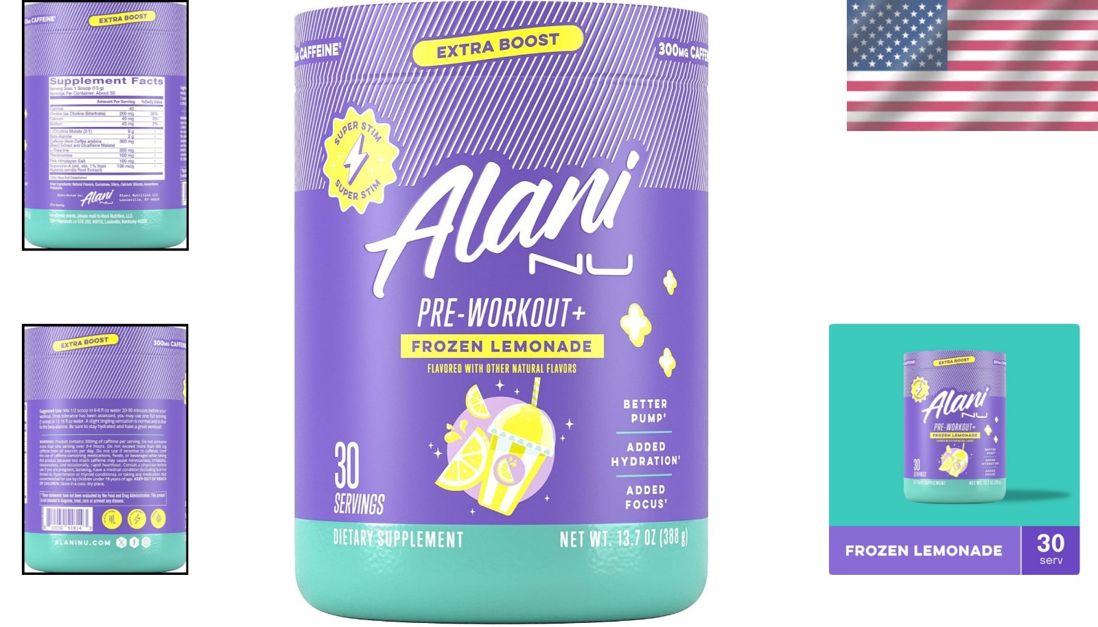 Alani Pre Workout+ Powder, Sugar Free Frozen Lemonade, 30 Servings, 300mg Caf…