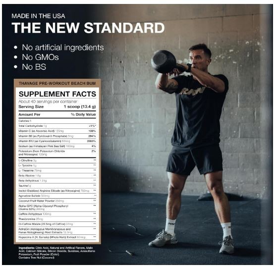 RAW Pre Workout Powder Thavage Beach Bum Sports Nutrition Supplement 40 Servings