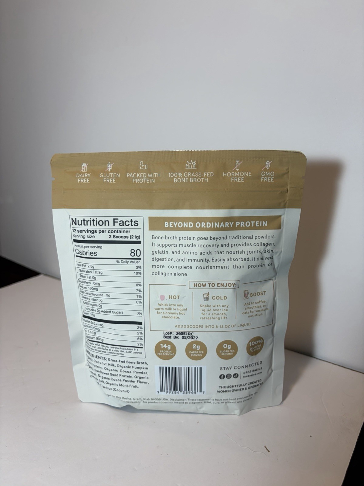 Rae Basics Bone Broth Protein Powder Chocolate Dairy-Free Gluten-Free 8.8oz