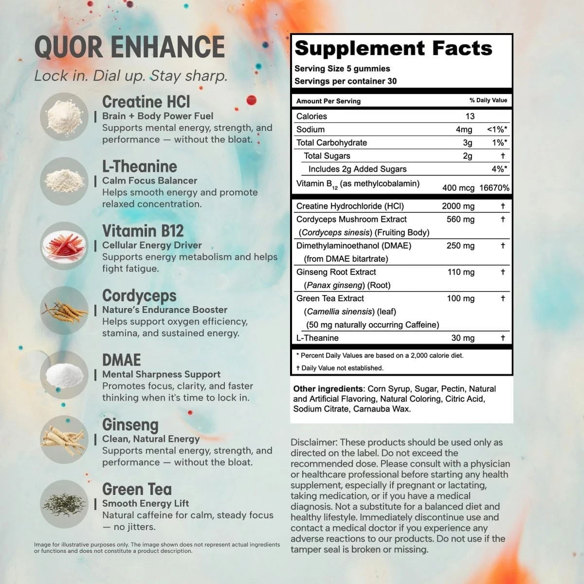 Vegan Nootropic Creatine HCl w/ Cordyceps L-Theanine DMAE B12 Etc : 150 GUMMIES