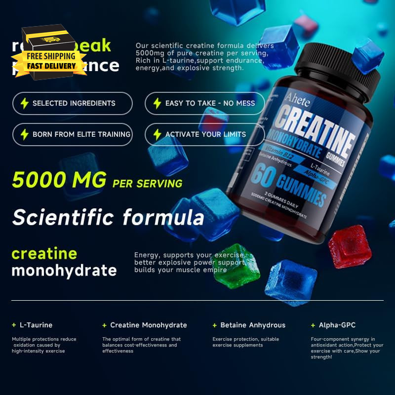 Creatine Gummies 5000Mg Sugar Free, Creatine Monohydrate with Taurine, Betaine &