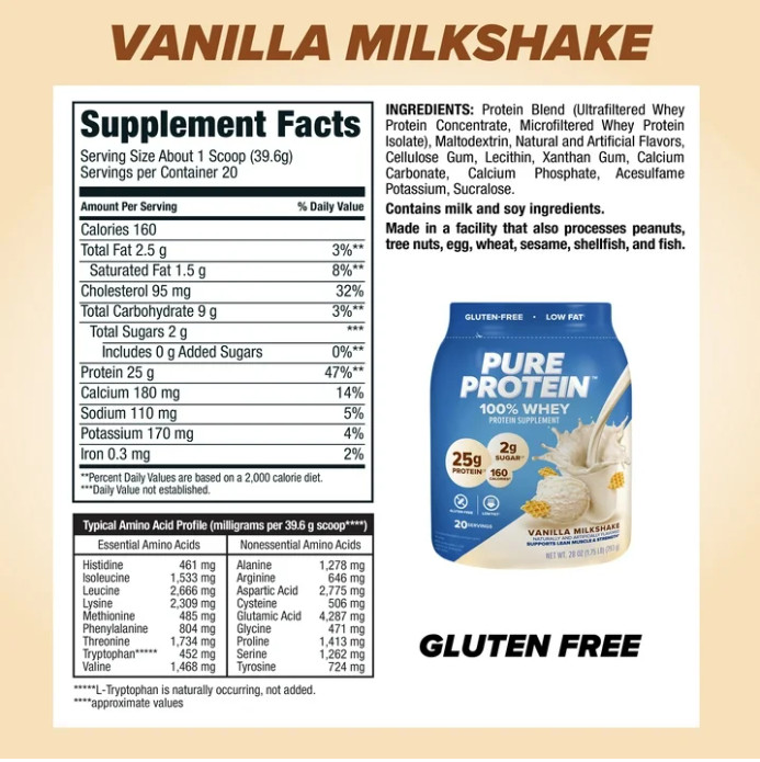 Pure Protein 100% Whey Powder, Vanilla Cream, 25g Protein, 1.75 lb