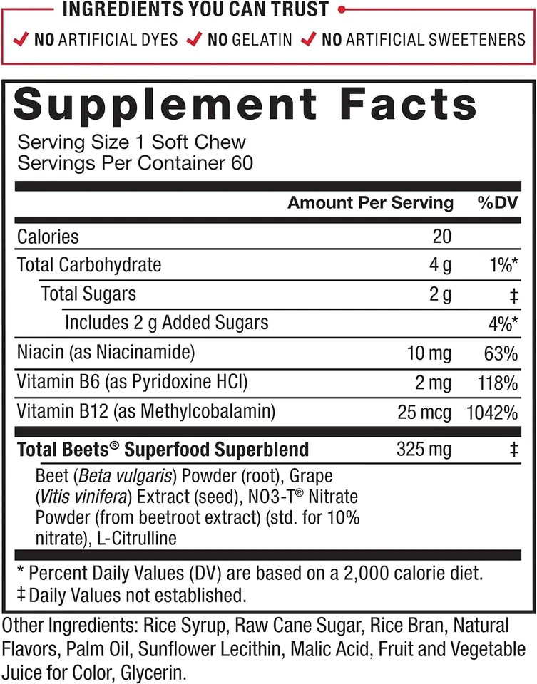 Total Beets Soft Chews with Beetroot, Nitrates, L-Citrulline, Grapeseed Extract,