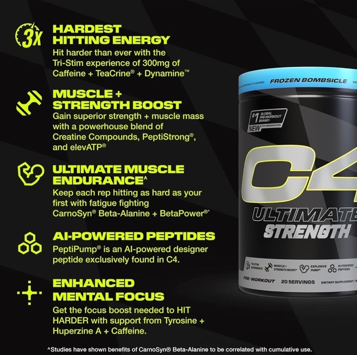 C4 Ultimate Strength, Pre-Workout, Frozen Bomsicle, 1.23 lbs (558 g) 20 servings