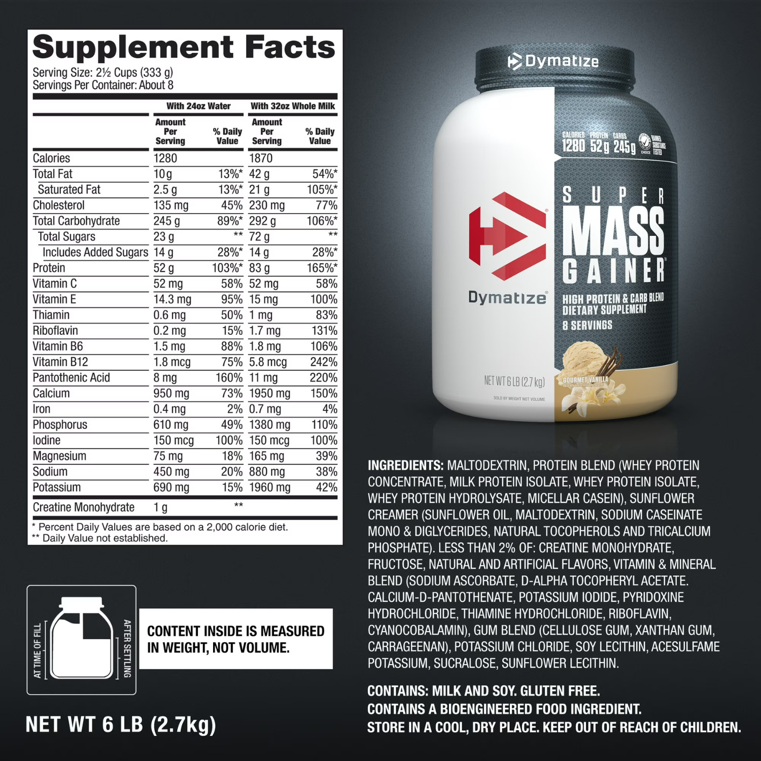 Dymatize Super Mass Gainer Protein Powder, 52g Protein, Gourmet Vanilla, 6 lbs