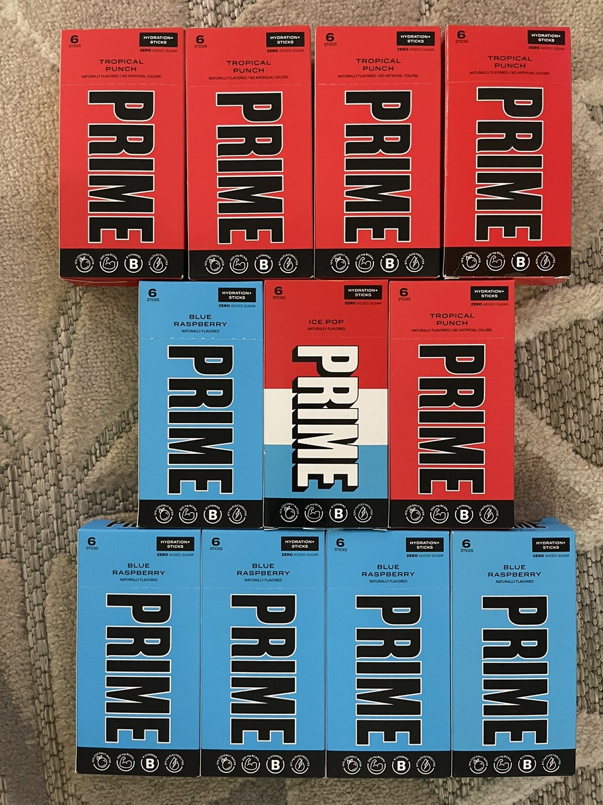 LOT – 11 PRIME HYDRATION BOXES (5 BLUE RASPBERRY & 5 FRUIT PUNCH & 1 ICE POP)