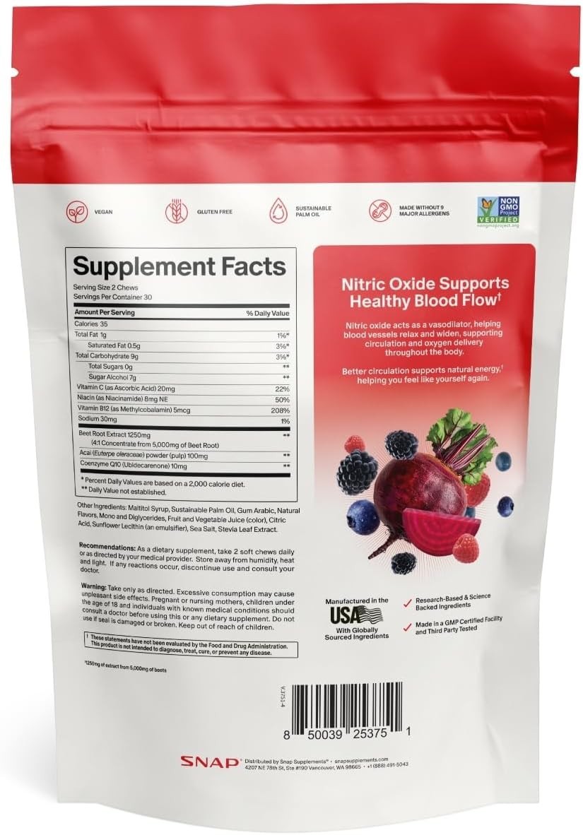 Nitric Oxide Beet Root Chews, Mixed Berry, 60 Soft Chews | 1,250mg Beet Root …