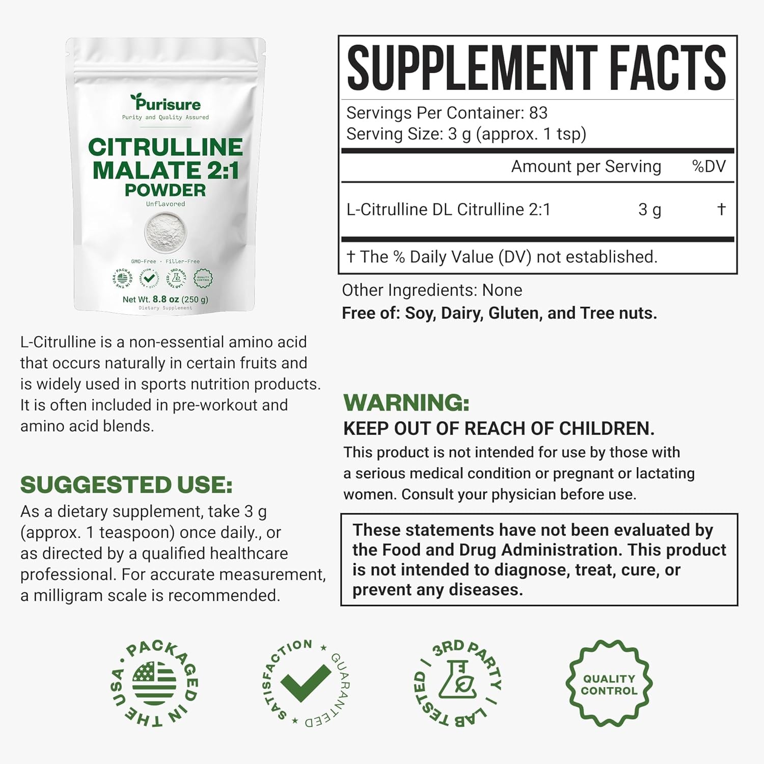 Purisure L-Citrulline Malate 2:1 Powder 250g 83 Servings Pre-Workout Pump