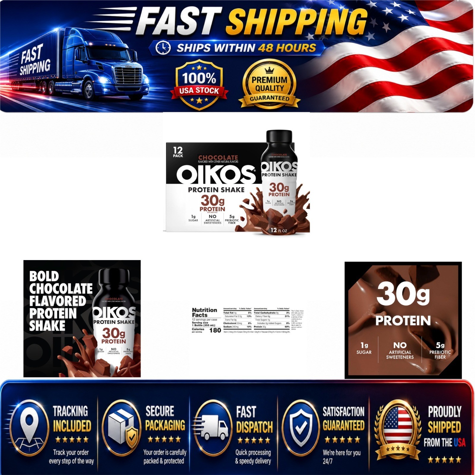 Oikos Chocolate Protein Shake 30g Protein 12 fl oz Bottle 12 Count