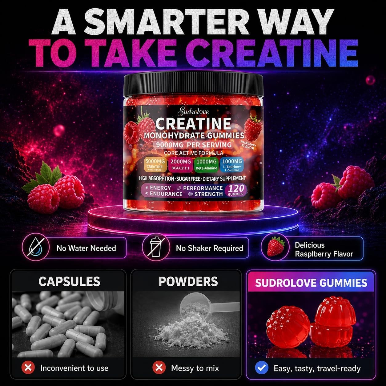 Creatine Monohydrate Gummies with BCAA, Beta-Alanine, L-Taurine, L-Carnitine, Vi