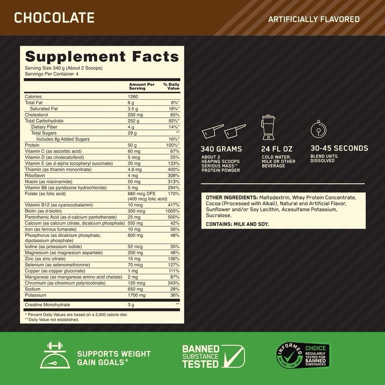 Optimum Nutrition Serious Mass Weight Gainer Powder Chocolate 3 lb