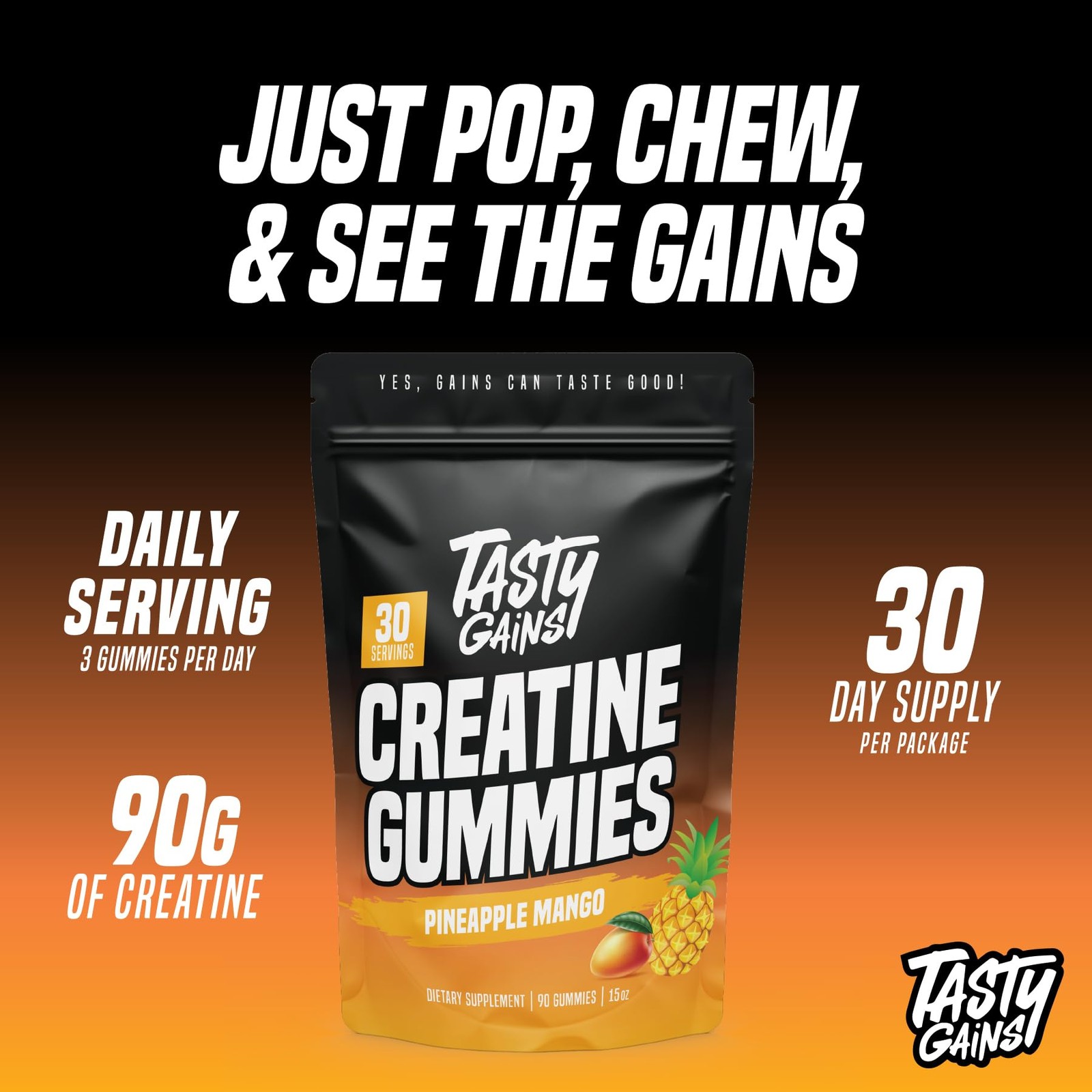 TASTY GAINS Creatine Gummies – 90g of 90 Count (Pack 1)