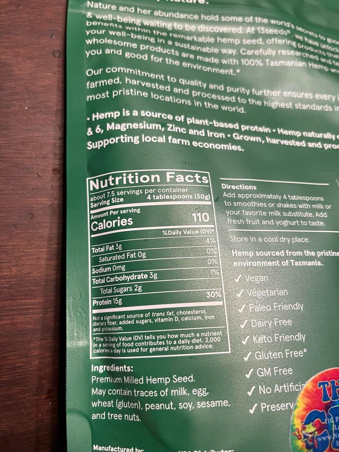 13 seeds Tasmanian hemp protein powder. Non GM, no chemicals, vegan. 7 servings