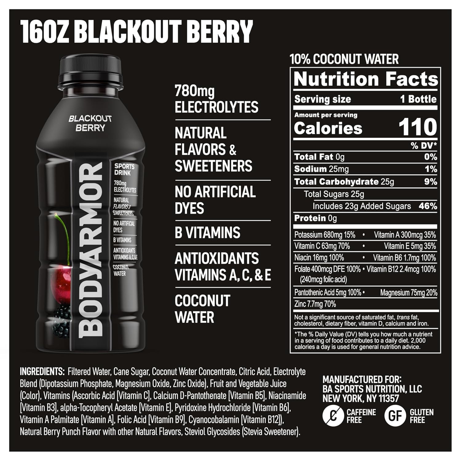 BODYARMOR Sports Drink, Blackout Berry, Electrolyte Hydration, 16 oz, 12 ct