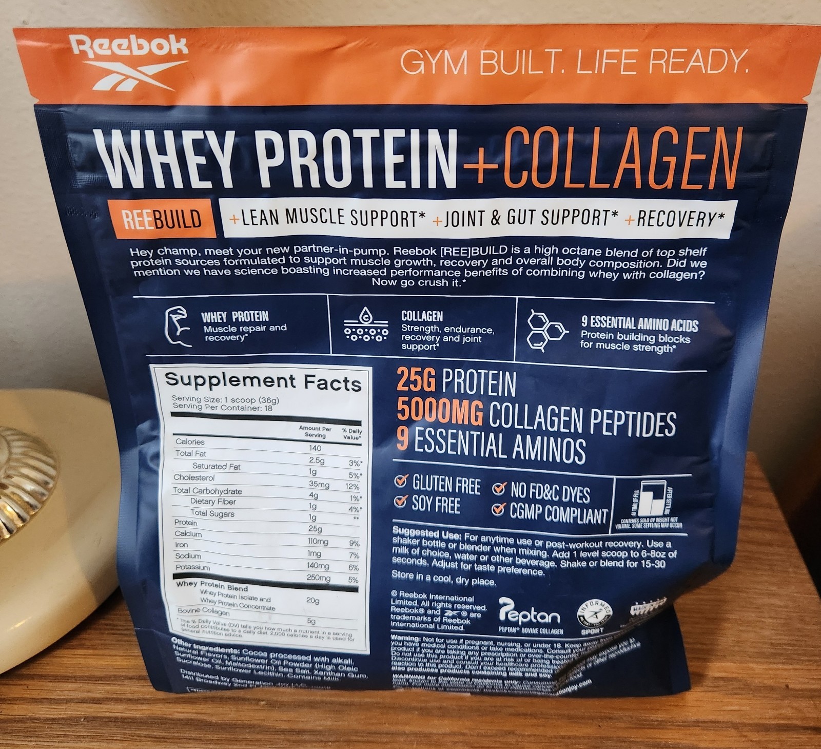 Reebok Reebuild Whey Protein Collagen 1.4 Lb Chocolate Fudge Exp 9/26 25g /sving