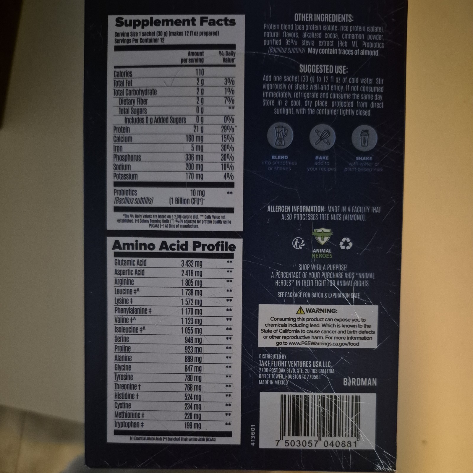 BIRDMAN Peacock Vegan 12.7 oz Complete Plant Based protein powder drink