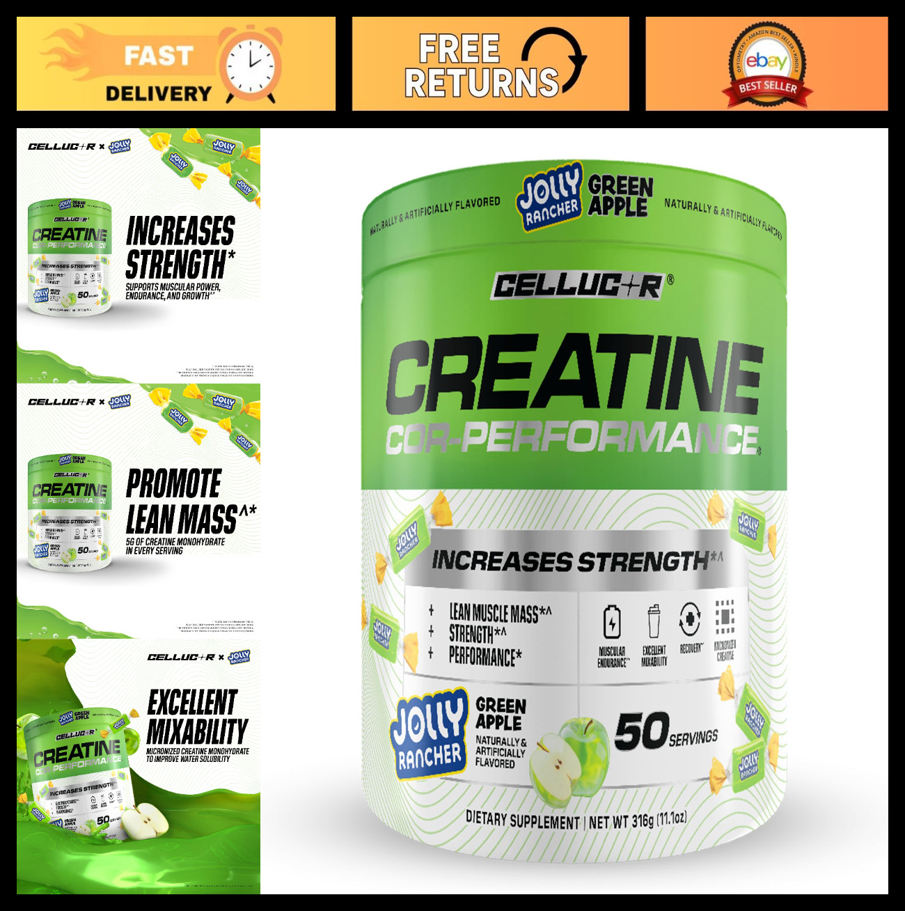 Creatine Powder – Jolly Rancher Green Apple Flavor, Boost Strength & Endurance,